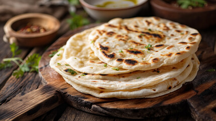 Freshly baked naan bread stacked high on a wooden surface, accompanied by bowls of spices and sauce.