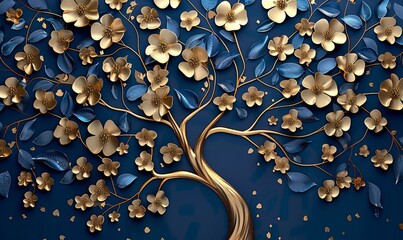 Elegant gold and royal blue floral tree with seamless leaves and flowers hanging branches illustration background. 3D abstraction wallpaper for interior mural painting wall art, Generative AI