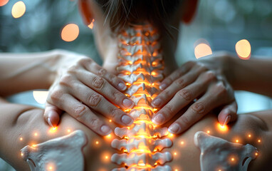 Fototapeta premium Woman touching her neck with her hands and the spine glowing