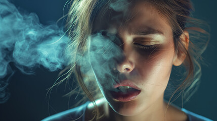 Naklejka premium Young woman with dramatic makeup exhaling a cloud of smoke, with a dark and moody backdrop.