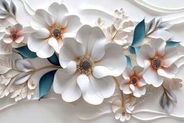 3d mural illustration flowers white background , wallpaper, Generative AI