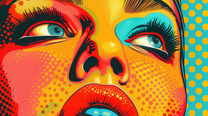 Vibrant pop art style illustration of a woman's face, featuring bold colors and dotted texture patterns.