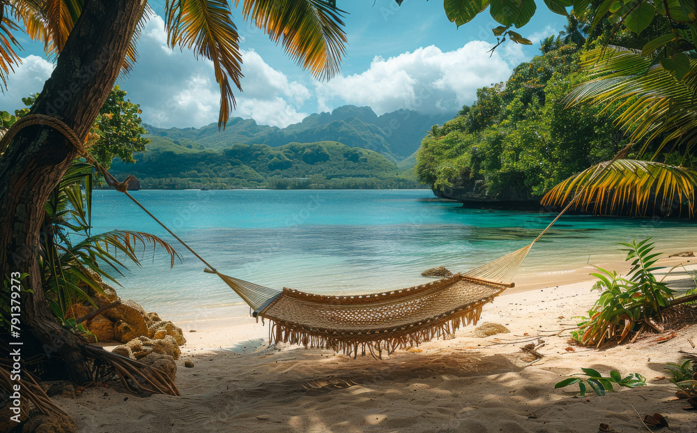Poster empty hammock in the shade of palm trees on tropical beach