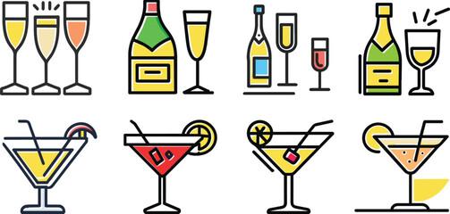 Set of flat cocktail and champagne, drink icon, vector illustration.