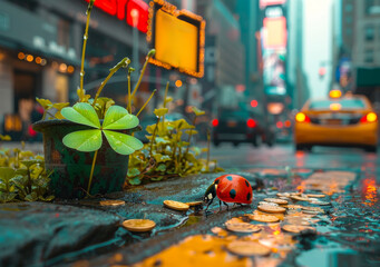 Ladybug and clover on the street with coins