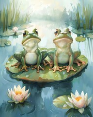 Friendly Frogs , Friendly frogs cartoon on a lily pad blue