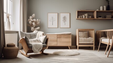 A midcentury modern nursery with a natural wood crib, dresser, and rocking chair. There is a gray...