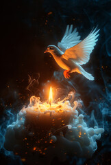 White dove flies over burning candle. A white dove is flying out of the candle