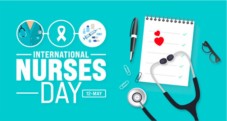 12 May is International Nurses Day background template. nurse dress, medical instrument, medicine, Medical and health care concept. use to background, banner, placard, card, and poster design.