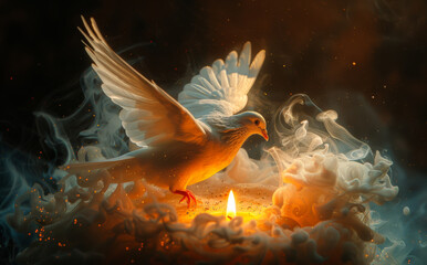 Dove with flames and wings on dark background