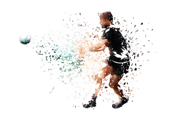 Rugby player passing ball, isolated low poly vector illustration with shatter effect, side view