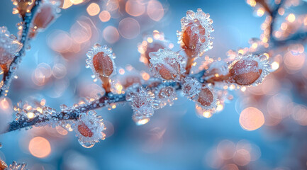 Winter background. Branches of tree covered with hoarfrost