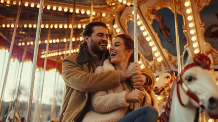 entertainment during the cold season in the theme park, a man and a woman in warm outerwear in autumn or winter ride on a beautiful fun carousel on a horse