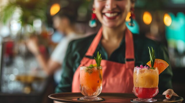 The waitress offers bright tasty drinks to guests in the restaurant bar. girl carries an order for visitors at a party