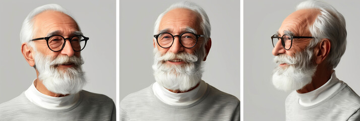 senior man with eyeglasses and beard character sheet, image split into 3, three different angles. man with white hair and glasses are smiling for the camera, is wearing a gray sweater and glasses - Powered by Adobe