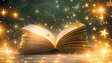 Open book with golden stars on a dark background, magical atmosphere. The concept of the magic of knowledge.