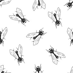 Black fly on a white background. Hand drawn simple vector seamless pattern. Insects and animals. For fabric prints, textile products, men's shirts, paper.