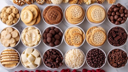 A white platter with a variety of cookies and other snacks