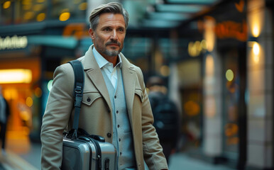 Obraz premium Mature businessman with suitcase walking on the street.