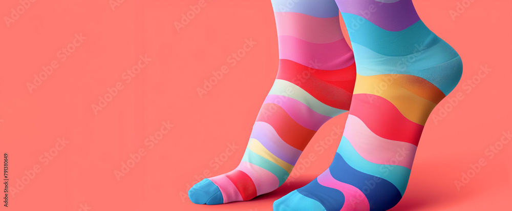 Poster a pair of colorful striped socks with a blue background. the socks are in a rainbow pattern and are 