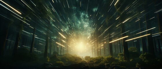 A long exposure photograph of a person walking through a forest at night. The stars are streaking overhead and the forest is lit up by the light of the stars.