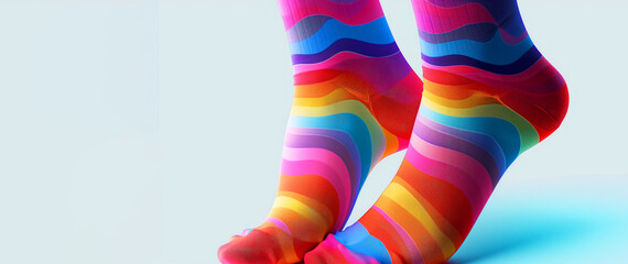 A pair of colorful striped socks with a blue background. The socks are in a rainbow pattern and are standing on a white background. A design a pattern for a pair of socks. These socks are ankle socks