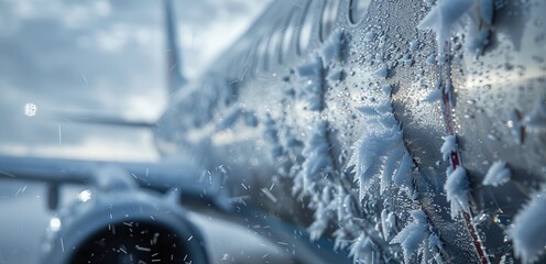 Abstract close-up of an airplane's fuselage covered in a layer of sparkling frost, with intricate ice crystals world of travel and adventure