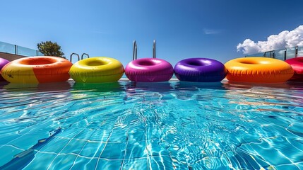 Fototapeta na wymiar A row of colorful inflatable rings float in a pool