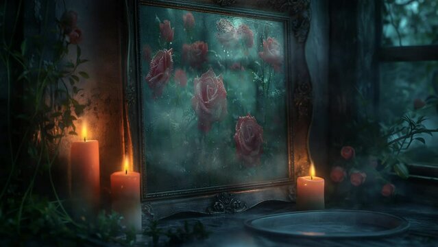 A mysterious mirror with red roses in the candlelight