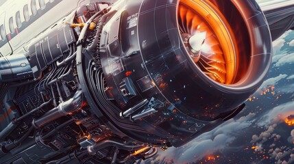 Artistic close-up of an airplane's engine, with intricate details and textures highlighted, showcasing world of travel and adventure