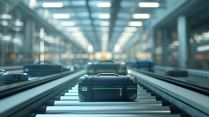 Cinematic shot of luggage suitcases moving along a conveyor belt against a backdrop of airport...