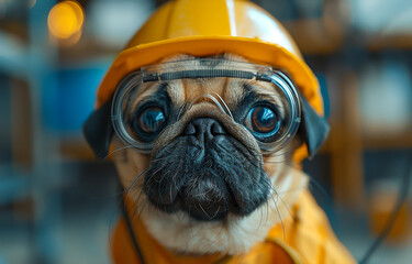 Dog in construction helmet. Funny pug dog in construction worker's helmet - obrazy, fototapety, plakaty