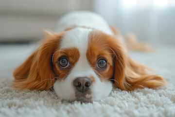 Un mignon chien cavalier king charles sur un tapis, avec de grands yeux tristes