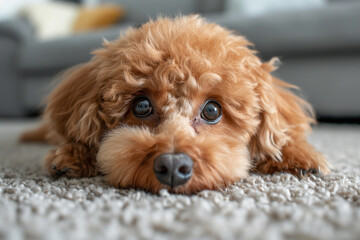 Un mignon chien caniche sur un tapis, avec de grands yeux tristes
