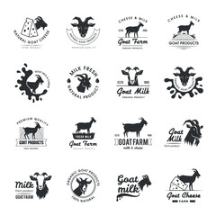 Goat milk badges. Dairy food logos and design emblems with place for text organic milk recent vector templates set