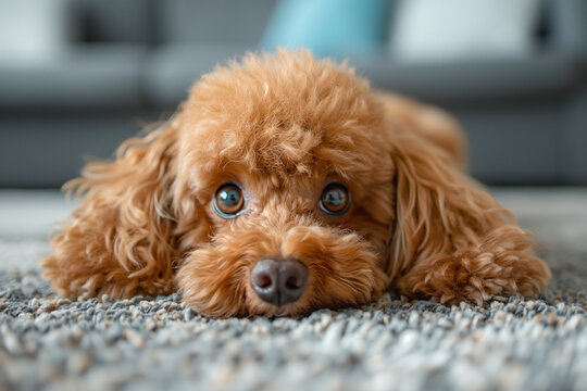 Un mignon chien caniche sur un tapis, avec de grands yeux tristes