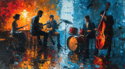 Oil Pianting Abstract Art of Musicians Band in a Bar Drums Bass Colorful Background - obrazy, fototapety, plakaty