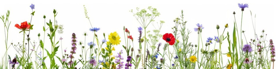 Fototapeta premium A vibrant selection of various pressed wild meadow flowers isolated on a white background, displaying a range of colors and details.