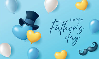Happy Father's Day banner with heart-shaped balloons on blue background. Vector illustration for poster, greeting card, shop, invitation, discount, sale, flyer, decoration.