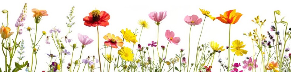 Fototapeta premium A vibrant selection of various pressed wild meadow flowers isolated on a white background, displaying a range of colors and details.