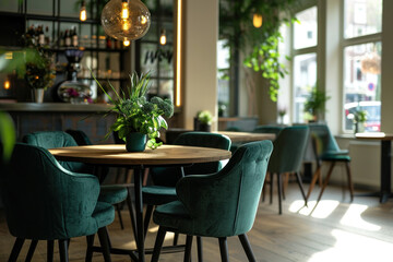 Fototapeta na wymiar Elegant interior of a modern restaurant with green velvet chairs, a table adorned with a potted plant