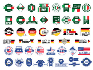 Made in badges. Country quality stickers or emblems made in europe usa italy germany recent vector templates set with place for text