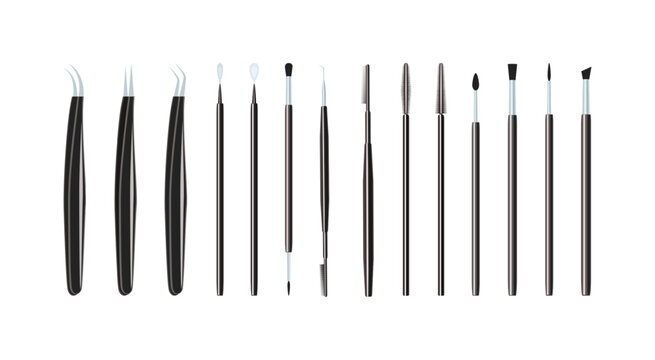 Make up brushes and tools set. vector illustration. Lashmaking, browmaking products collection. Beauty salons industry equipment. Cosmetics tools for beauty card and design, eyelashes extensions