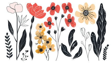 Hand drawn Flowers abstract shapes with texture minim