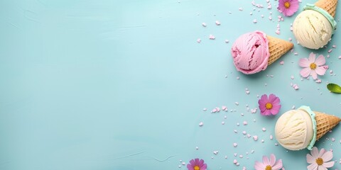 Ice cream balls in a cone on an empty blue background with flowers. Summer background with ice cream and copy space. Summer time composition for web banner, cards, invitations