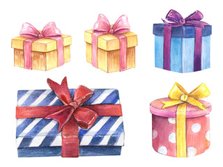 Present box watercolor drawing set gift birthday. Anniversary holiday square round circle purple bow. Decoration ribbon isolated on white background