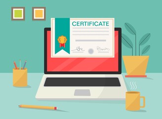 Certificato sullo schermo del computer portatile per il corso e-learning - illustrazioni