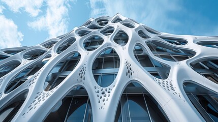 Closeup of a finished parametric building showcasing its unique and eyecatching structure that is only achievable through parametric architecture. . - obrazy, fototapety, plakaty