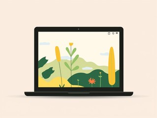 A laptop screen displays a serene nature scene with stylized hills and flora, suggesting peaceful digital work environment.