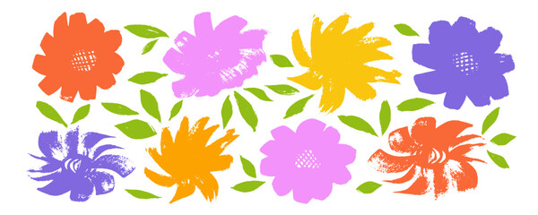 Vector set with color abstract flowers . Botanical colorful illustration with floral motif. Isolated vector illustration. Chrysanthemum or rose,  painted by brush. 